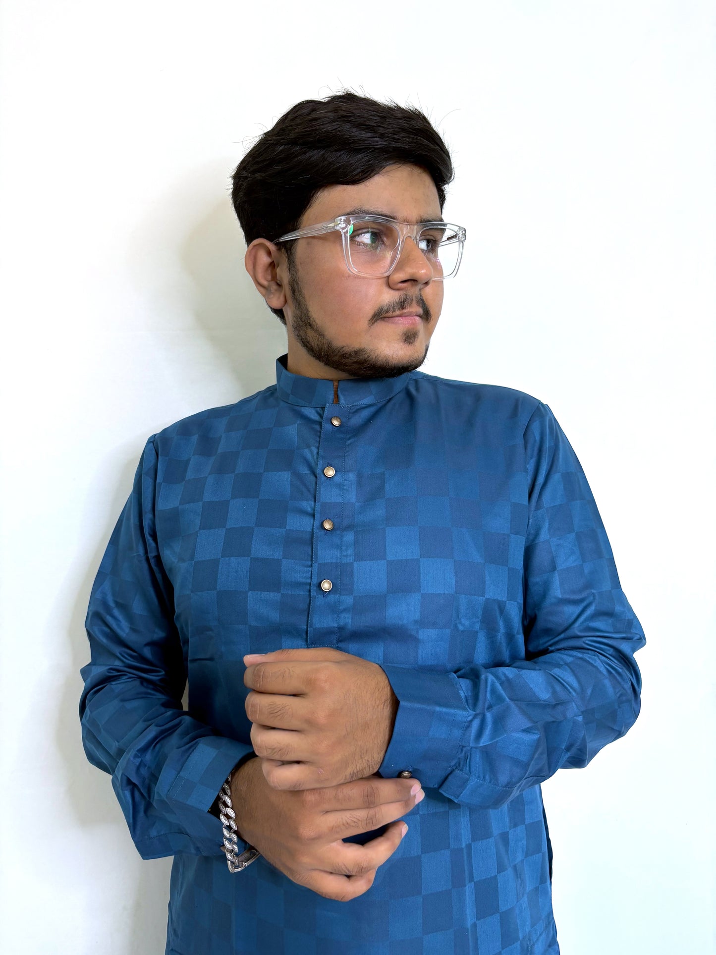 Royal blue self-check cotton kurta for men – classic festive and family wear