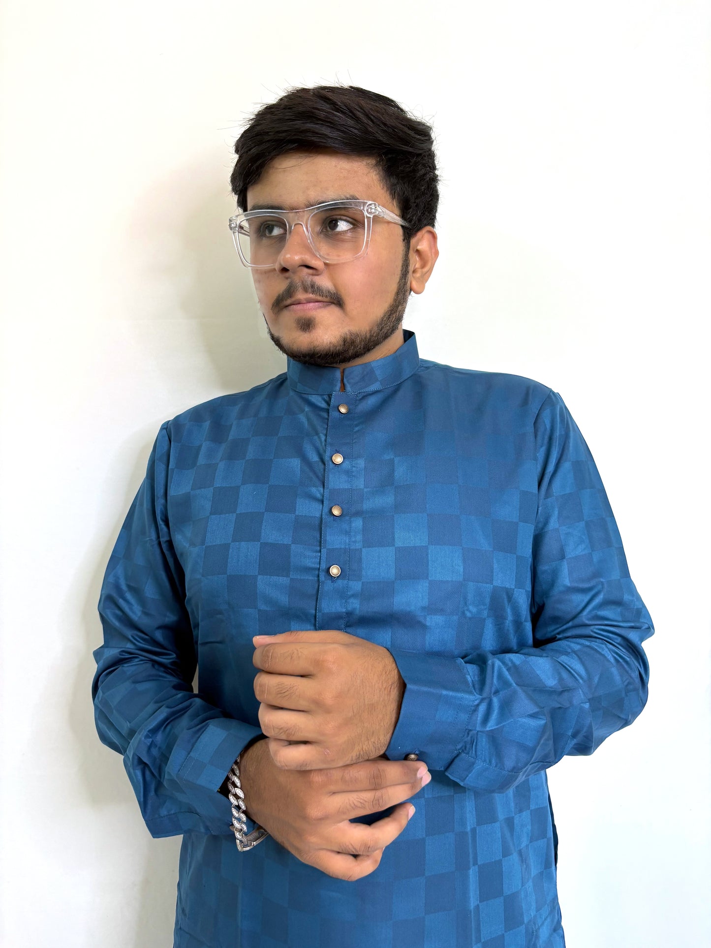 Left mid-profile of royal blue cotton kurta with self-woven check pattern – traditional men’s wear