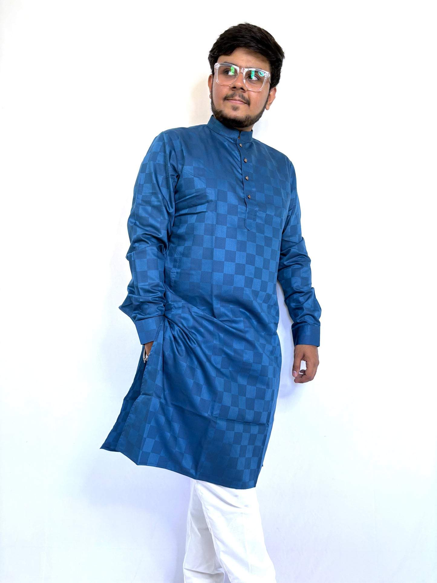 Left angle upper view of royal blue self-woven kurta – stylish ethnic look for men