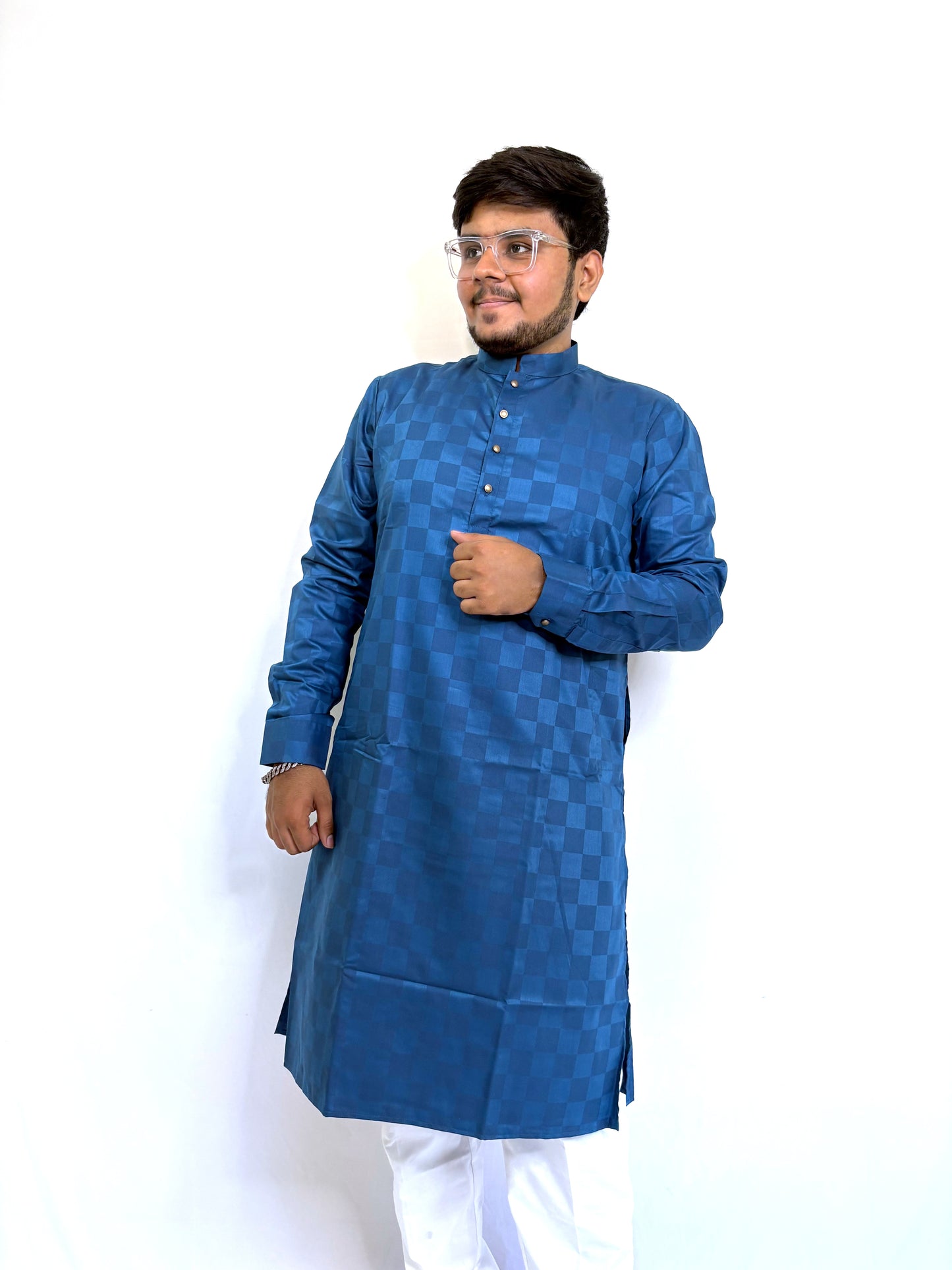 Mid-angle right profile of self-woven blue kurta – breathable cotton ethnic wear