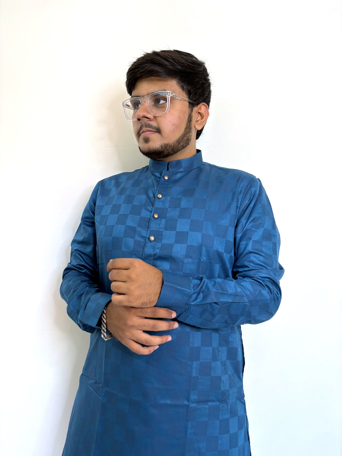 Right upper view of royal blue kurta with mandarin collar – modern traditional men’s fashion