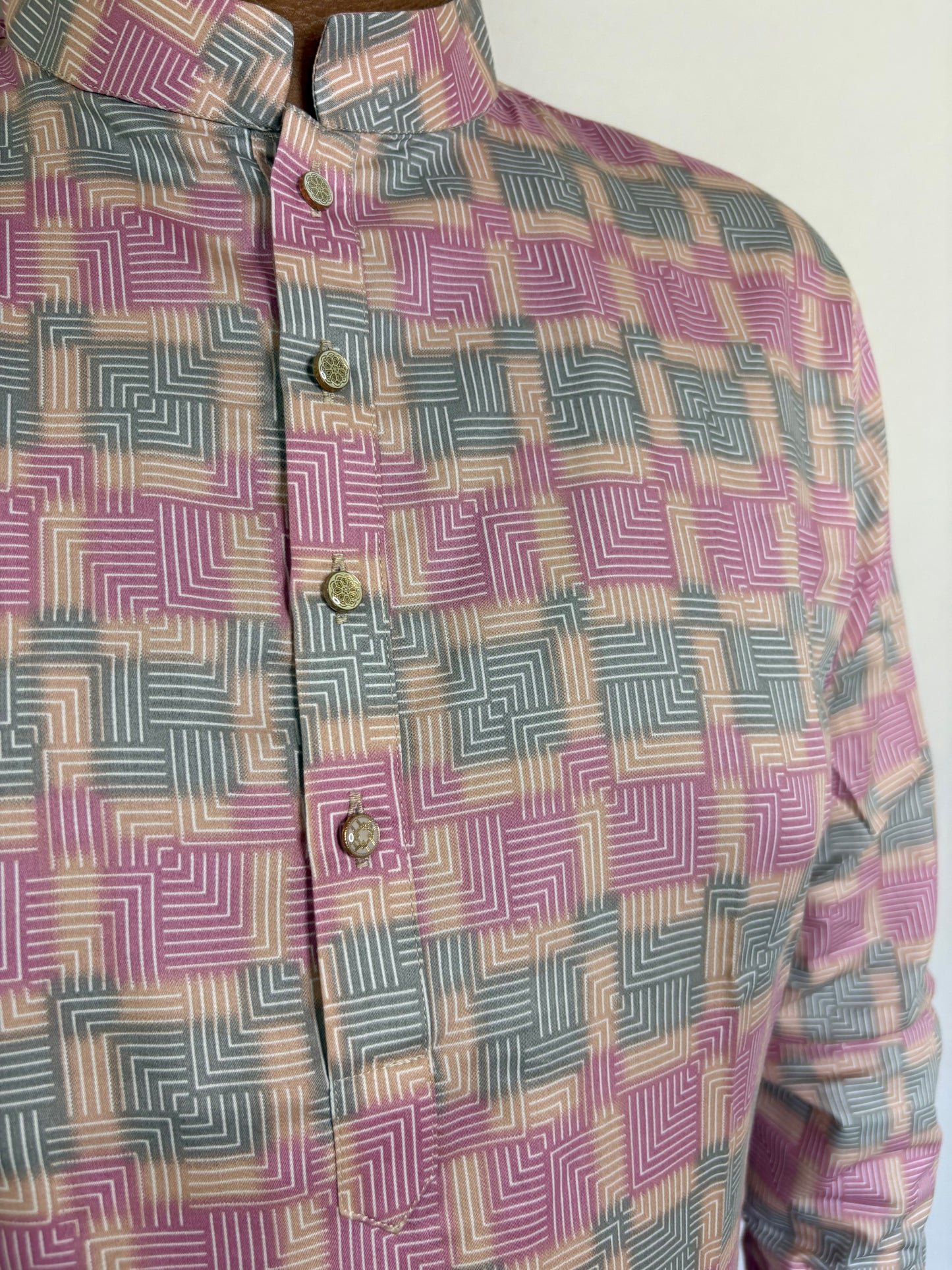 Close-up of spiral digital print on soft Giza cotton kurta – pastel ethnic pattern