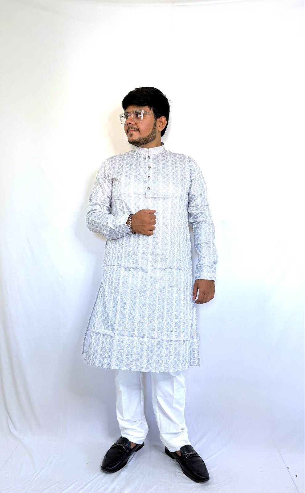 Digital Print Cotton Kurta for Men – Black & White Geometric | KURTA ONLY – TOP