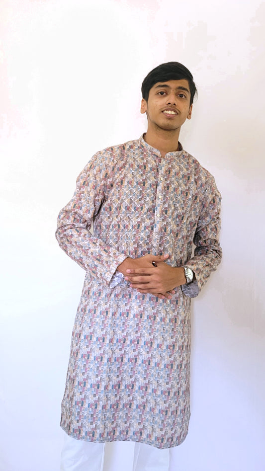 Half-body left profile of multitone jacquard kurta with abstract digital print – modern ethnic statement wear