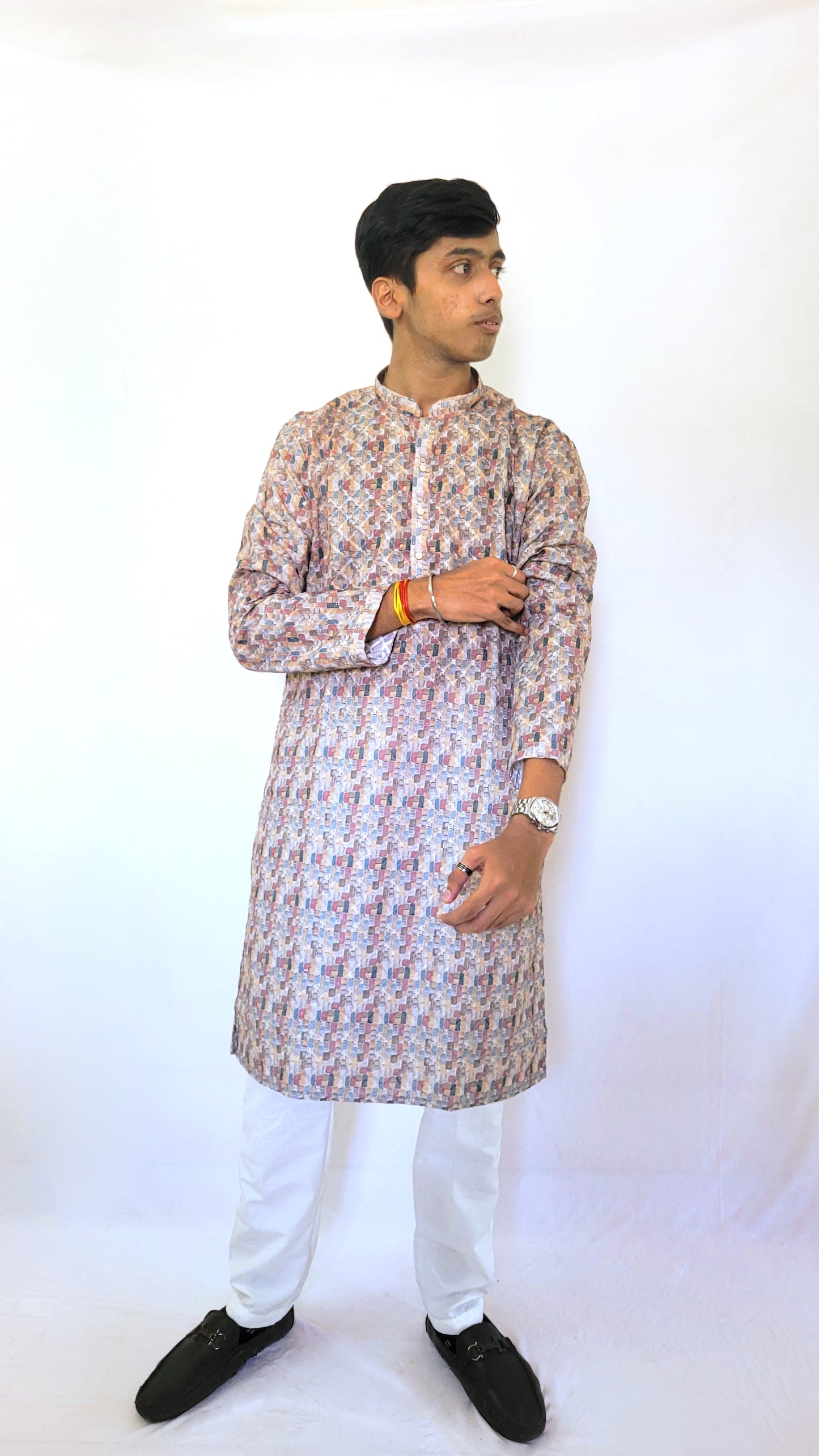Men’s jacquard kurta with digital abstract print – earthy ethnic outfit styled with confident gaze