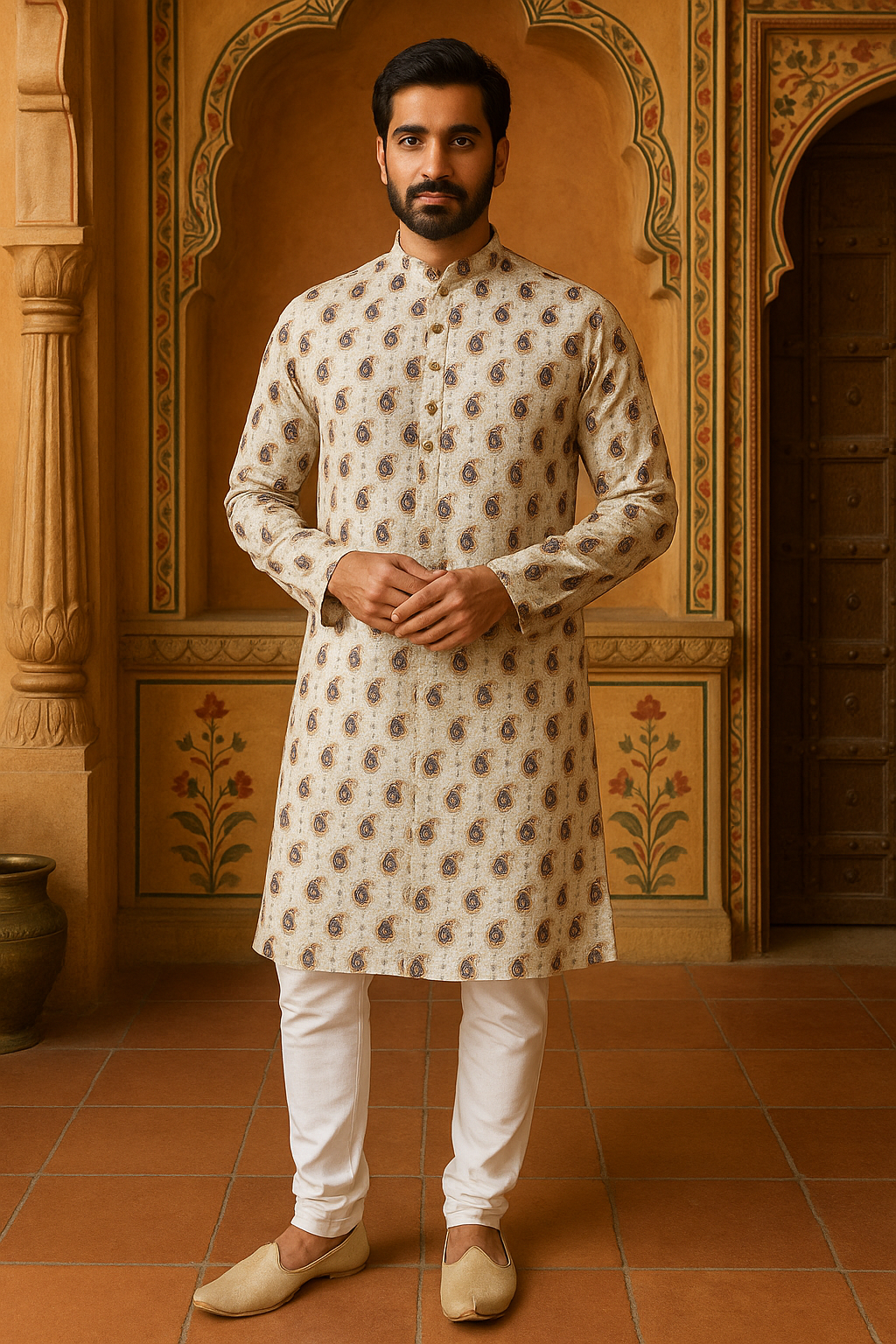Man wearing a traditional kurta with a decorative background