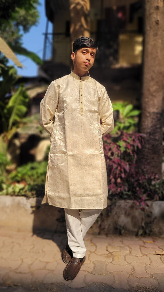 Full body left profile of beige gold jacquard kurta for men – woven geometric ethnic wear for weddings