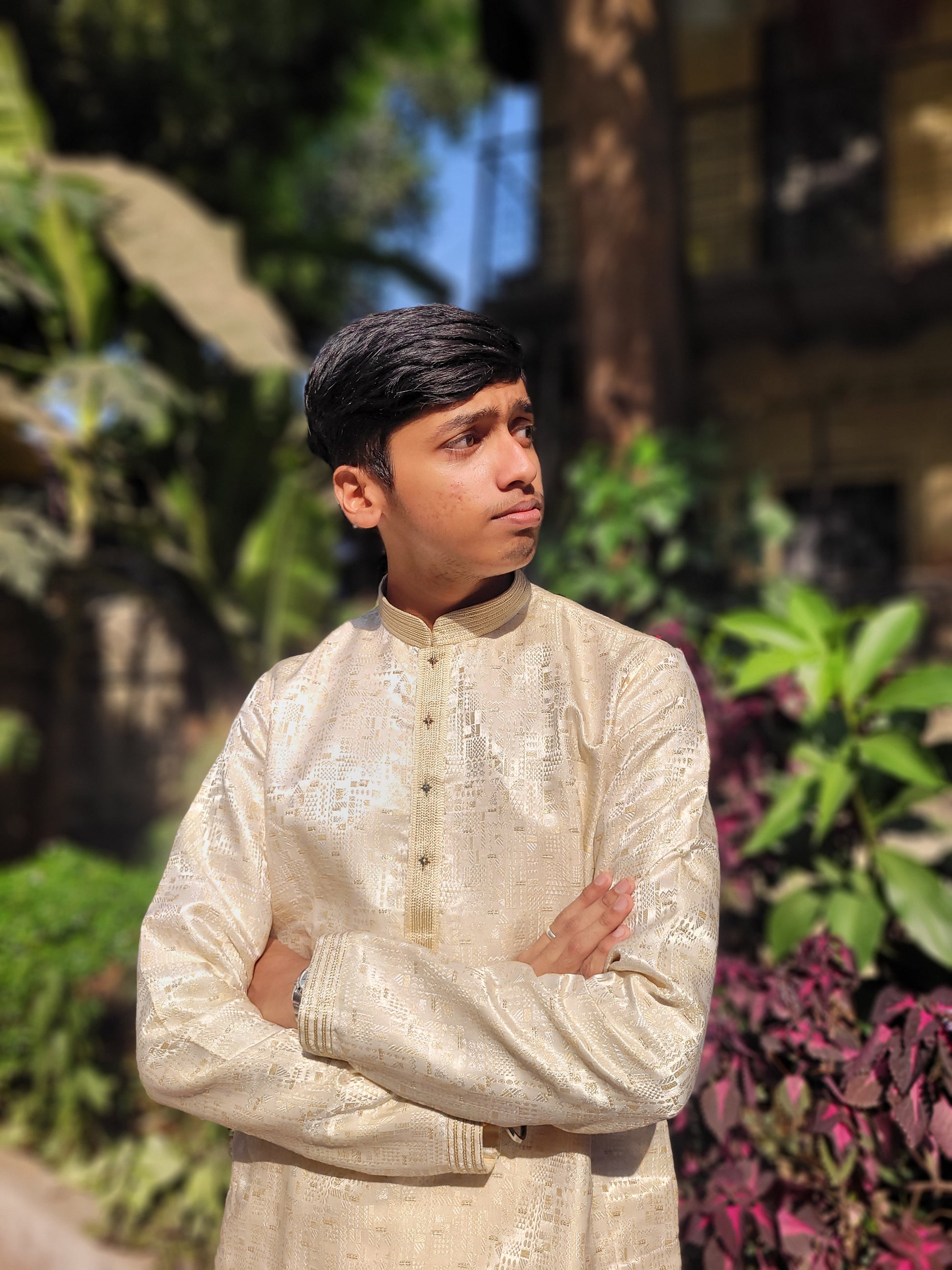 Full body left side of men’s beige gold jacquard kurta – minimal festive wear with luxe detail