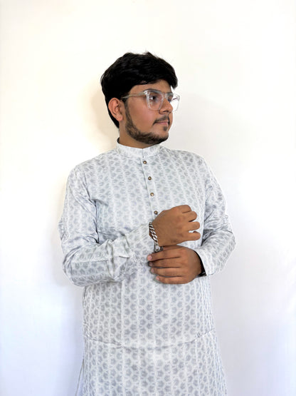 Side profile of black and white cotton kurta with bold digital geometric print – casual festive style