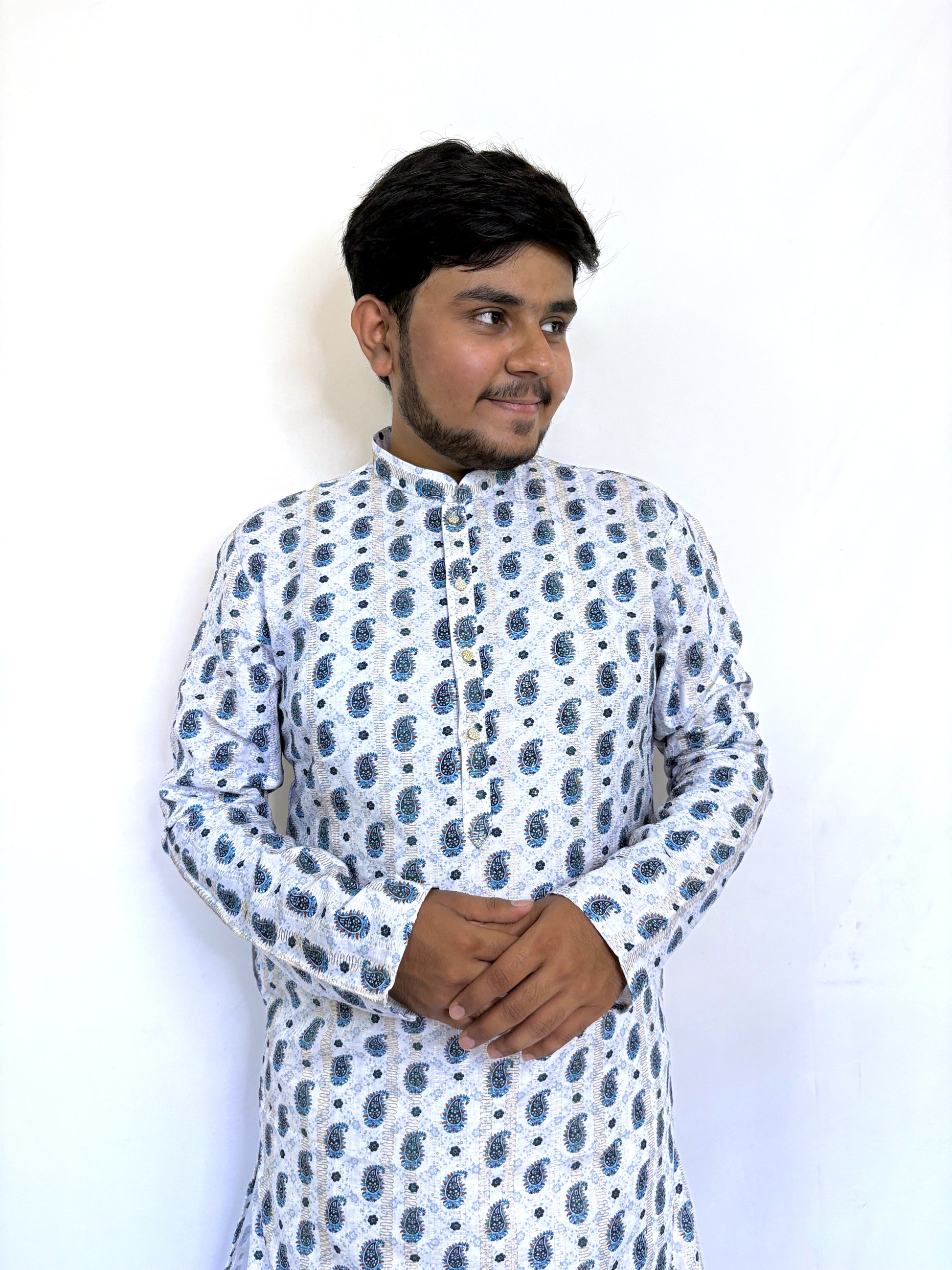 Front-left angle of Corchit print kurta for men – white rayon ethnic wear with mandarin collar