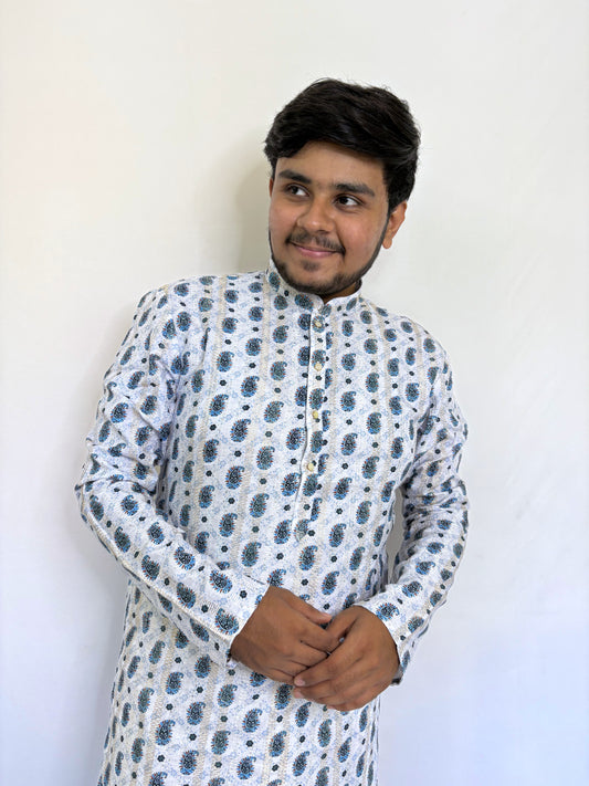Front-right view of men's white rayon kurta with blue and gold paisley print – festive ethnic style