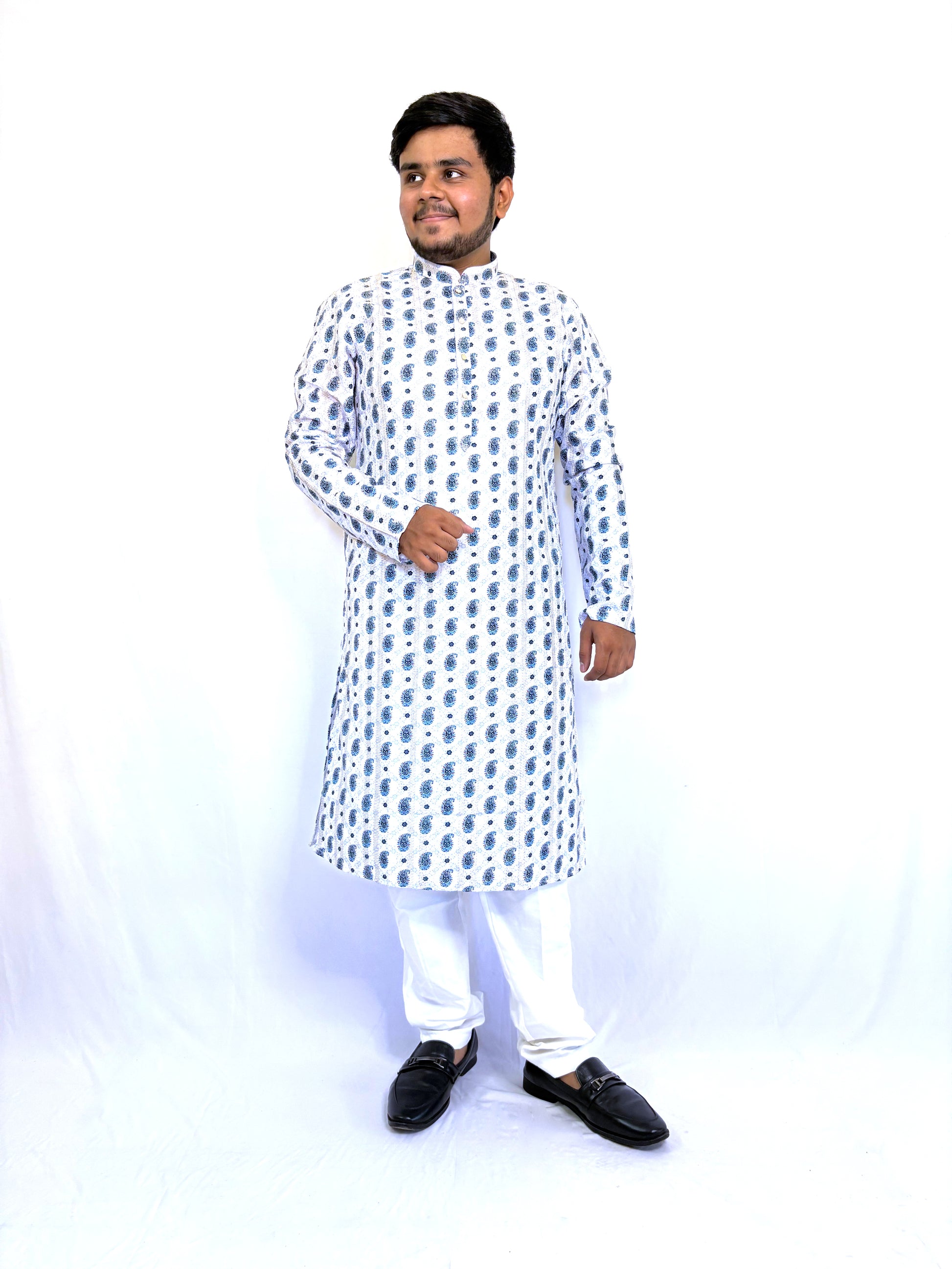 Full front view of men’s white rayon kurta with Corchit paisley print – Indian festive attire
