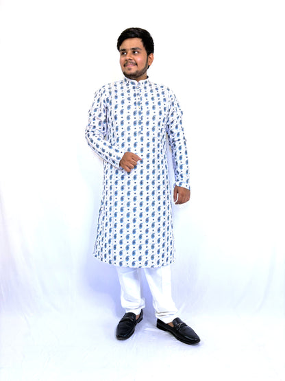 Full front view of men’s white rayon kurta with Corchit paisley print – Indian festive attire
