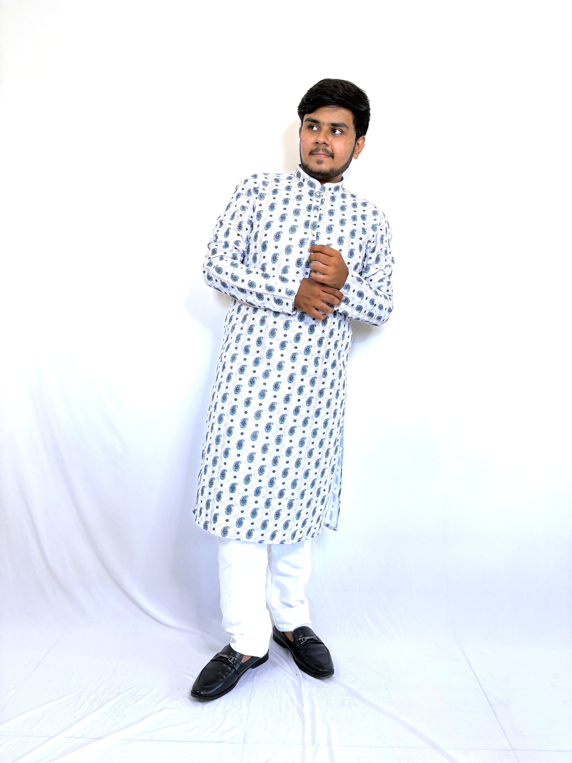 Full body left profile of rayon paisley kurta – ethnic menswear for cultural occasions