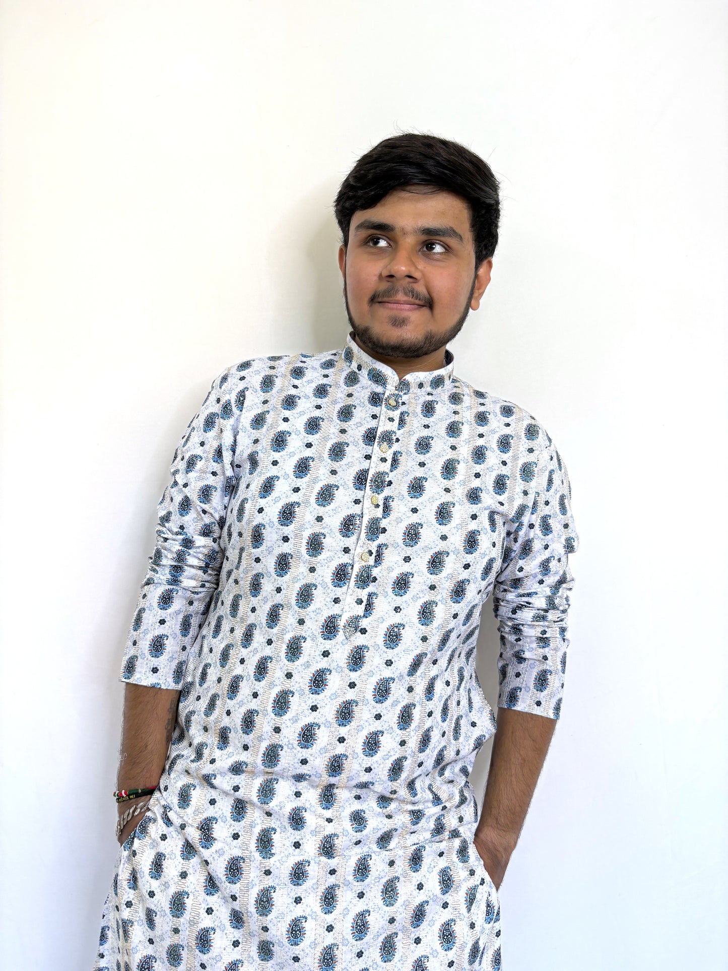 Half-body view of men’s Corchit kurta with blue and gold print – stylish ethnic rayon wear