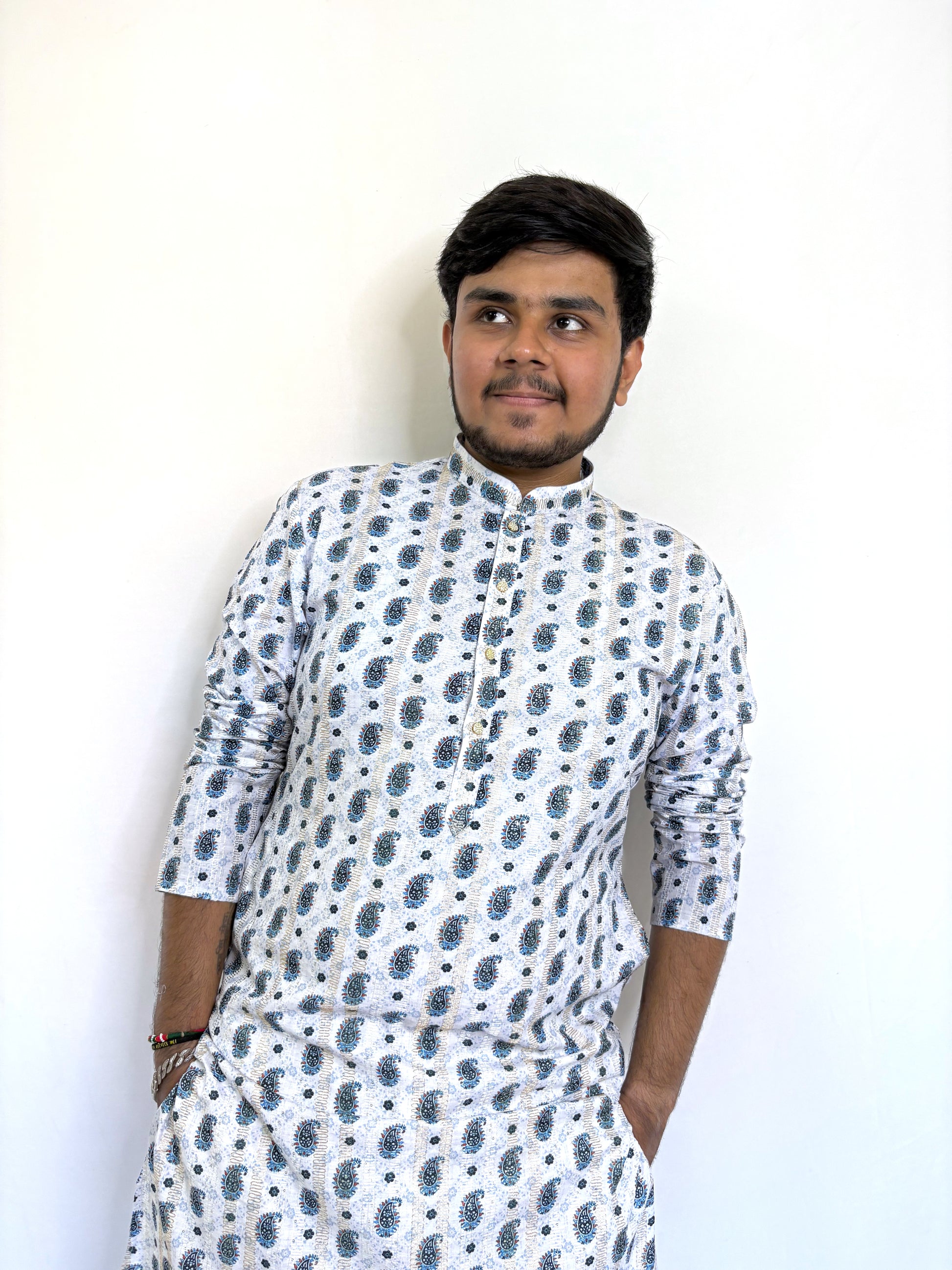 Half-body view of men’s Corchit kurta with blue and gold print – stylish ethnic rayon wear