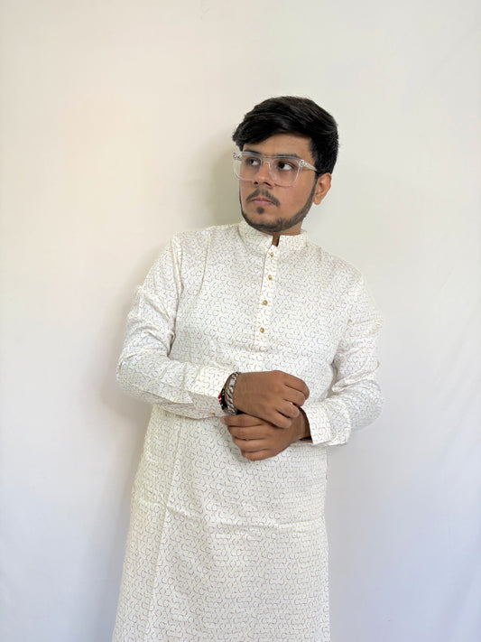 Cream white digital print kurta for men in Giza cotton – subtle festive and ethnic wear