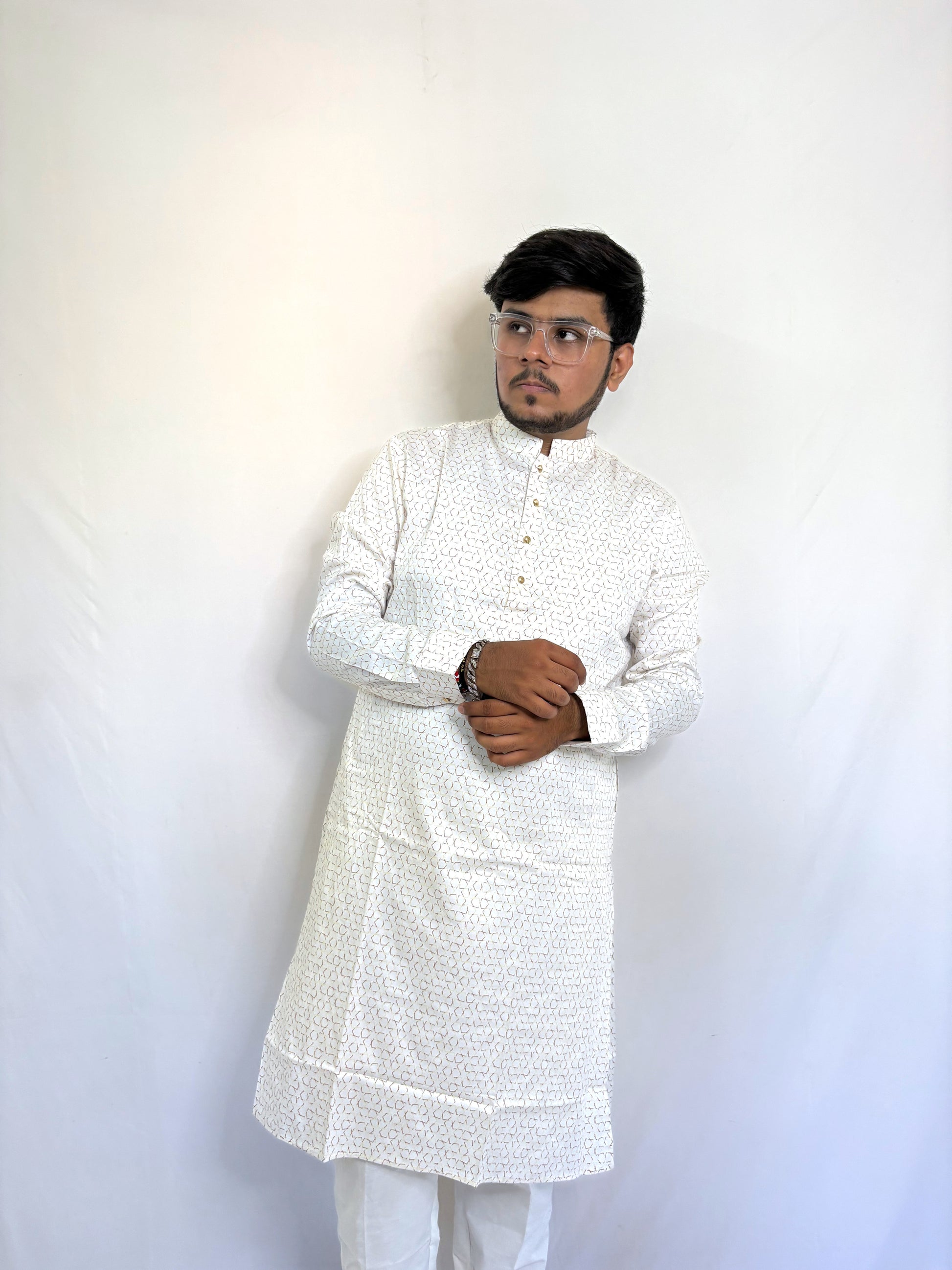 Front profile of men’s cream Giza kurta with gold and rust geometric design – modern traditional style