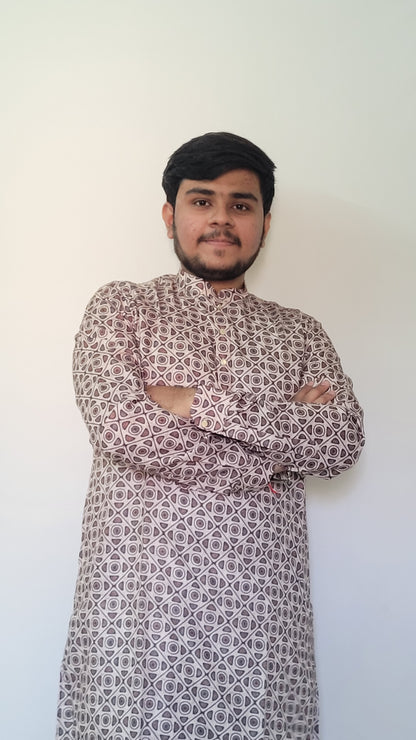 Half-body front view of men’s cotton kurta with earthy digital geometric print – casual festive look