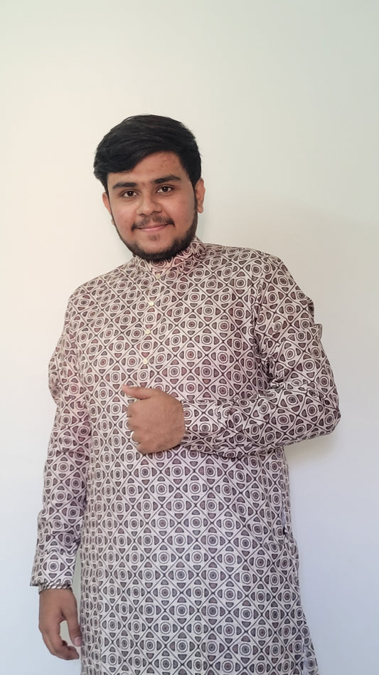 Close-up of geometric digital print on earthy cotton kurta for men – bold and breathable festive wear