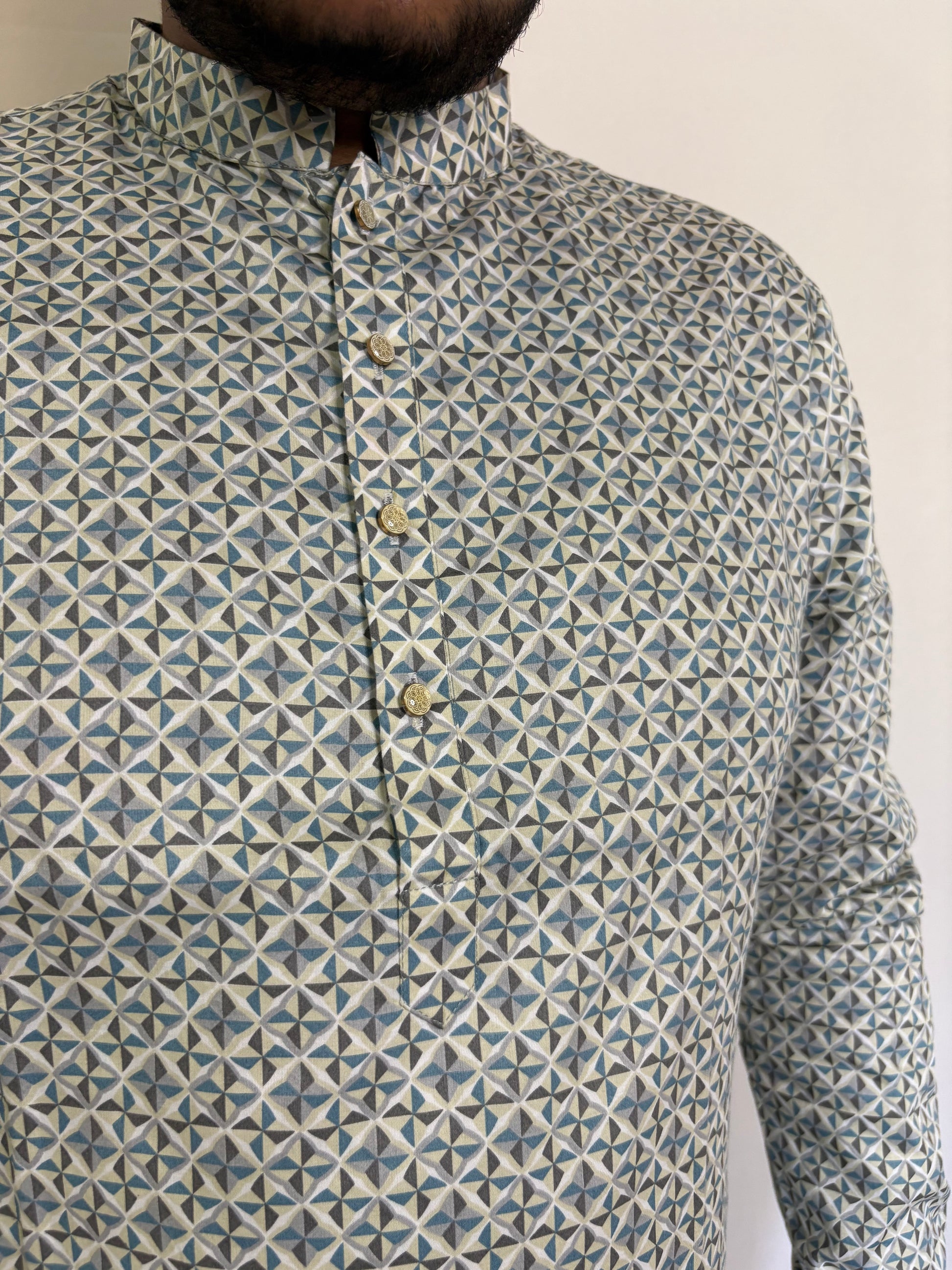Side profile of men’s Giza cotton kurta in geometric triangle print – semi-formal ethnic wear