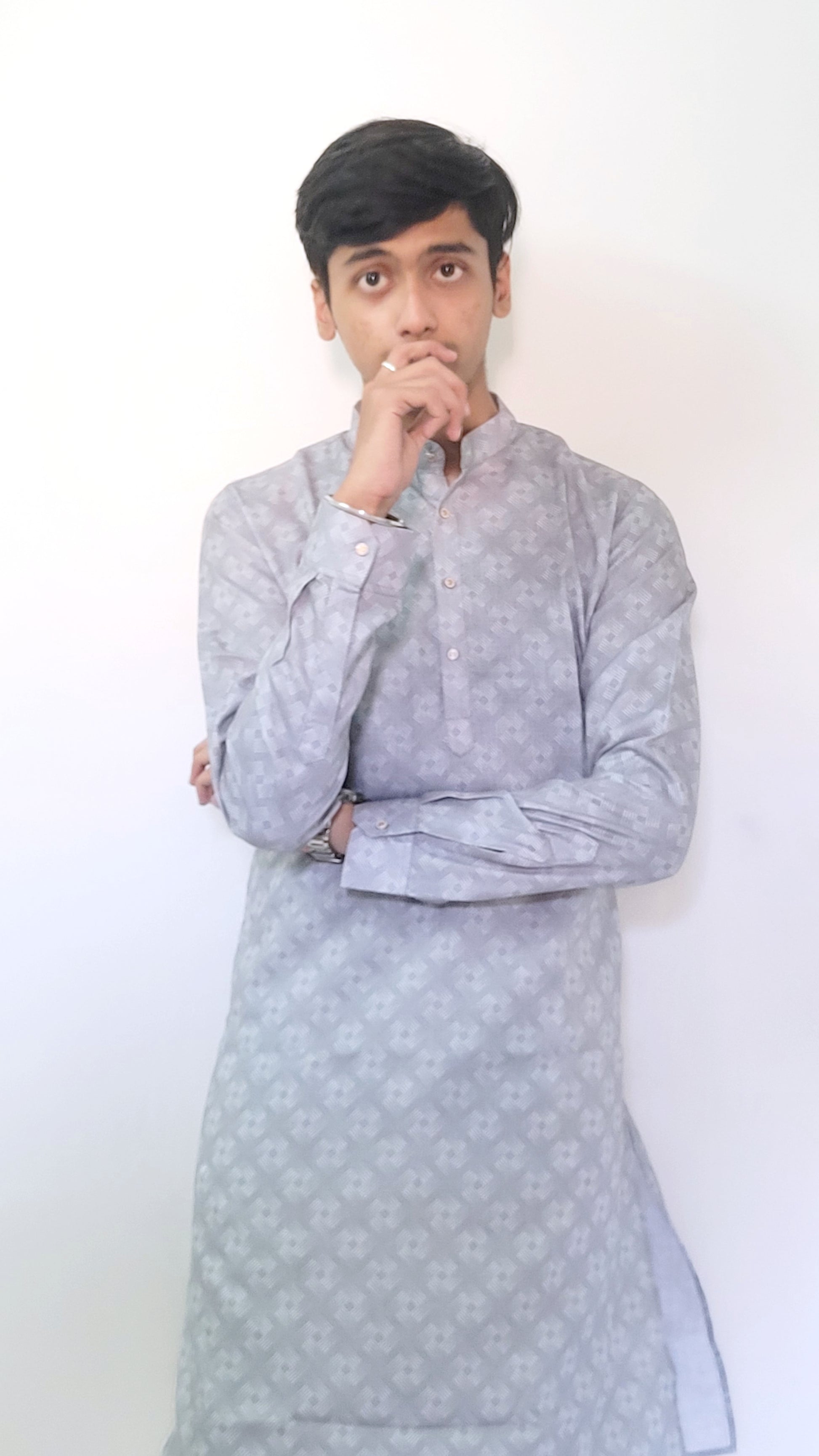 Front half-body profile of grey cotton kurta with minimal geometric digital print – stylish and comfortable traditional outfit