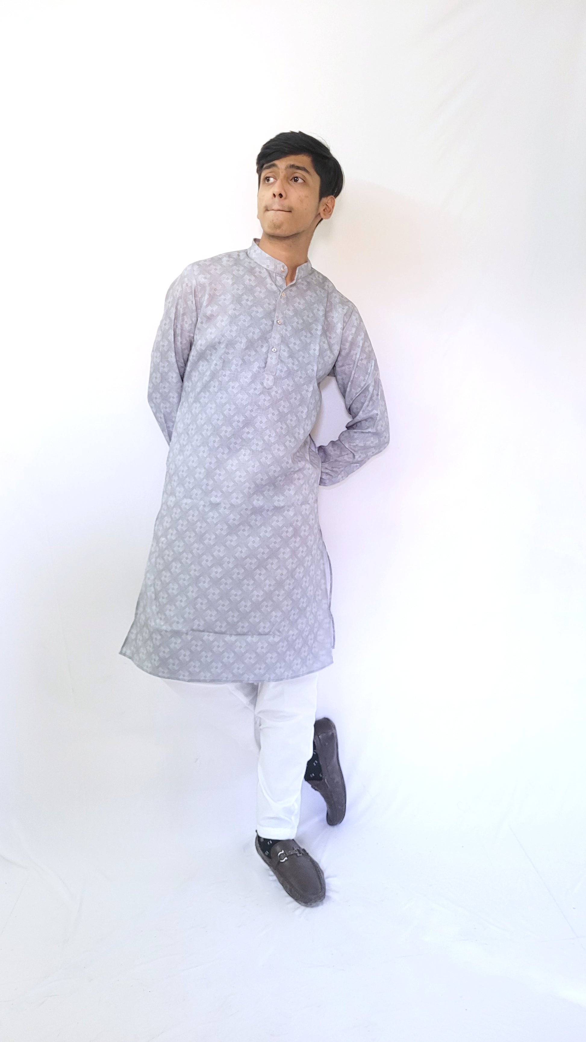 Full body view of grey geometric cotton kurta – men’s breathable ethnic wear with subtle digital print for casual festive occasions