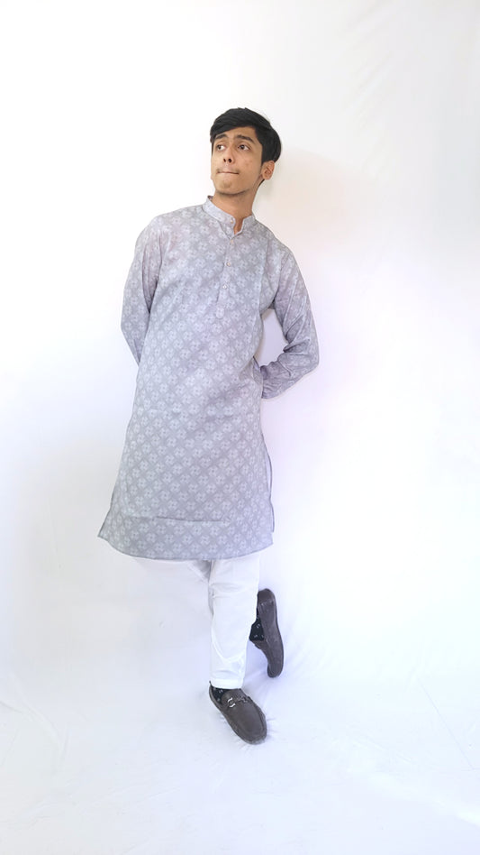 Full body view of grey geometric cotton kurta – men’s breathable ethnic wear with subtle digital print for casual festive occasions