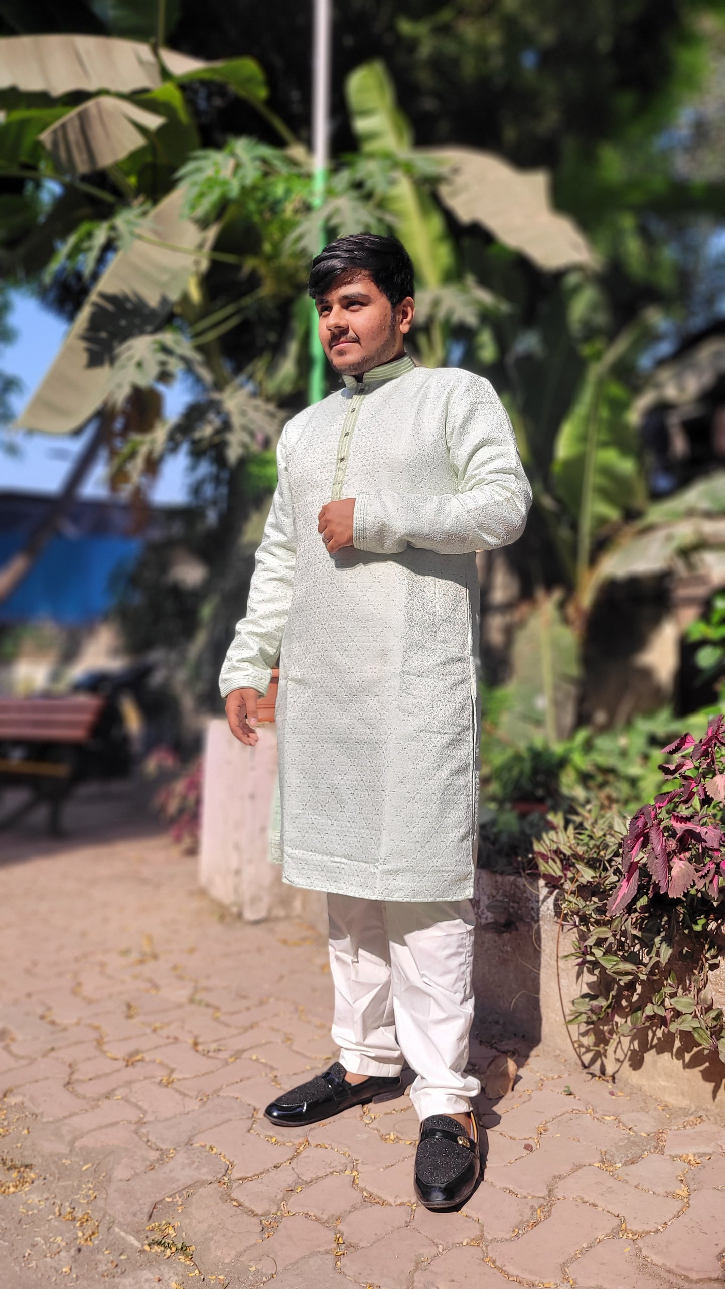 Full body right profile of ivory mint green jacquard kurta – royal ethnic wear for weddings and engagements