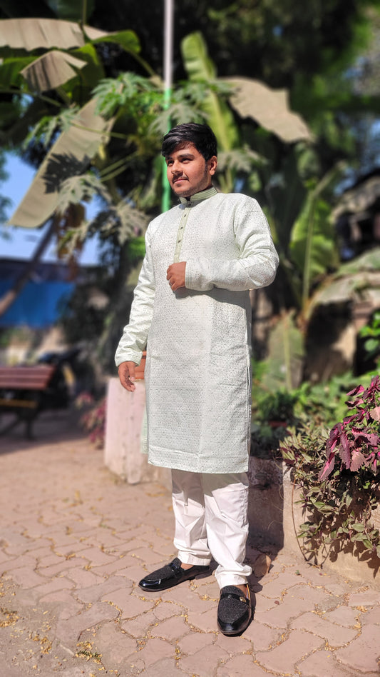 Full body right profile of ivory mint green jacquard kurta – royal ethnic wear for weddings and engagements