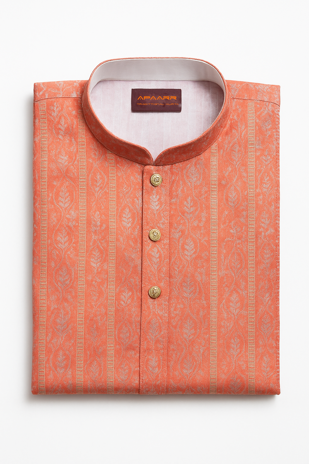 Orange Aura Cotton Rayon Kurta for Men – Jhari Work, Festive Ethnic Wear, Full Sleeves, Collared Neck