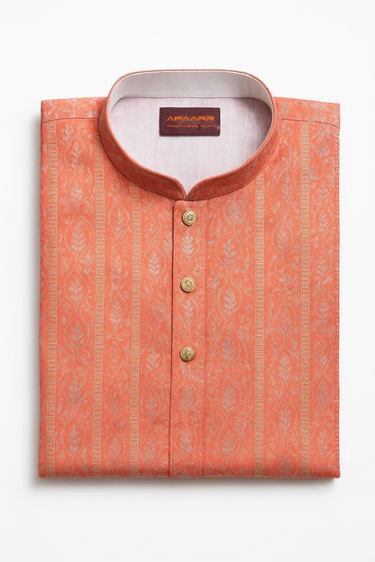 Orange Aura Cotton Rayon Kurta for Men – Jhari Work, Festive Ethnic Wear, Full Sleeves, Collared Neck