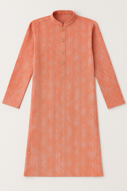 Orange Aura Cotton Rayon Kurta for Men – Jhari Work, Festive Ethnic Wear, Full Sleeves, Collared Neck