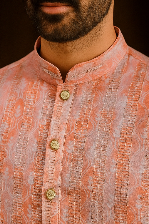 Orange Aura Cotton Rayon Kurta for Men – Jhari Work, Festive Ethnic Wear, Full Sleeves, Collared Neck