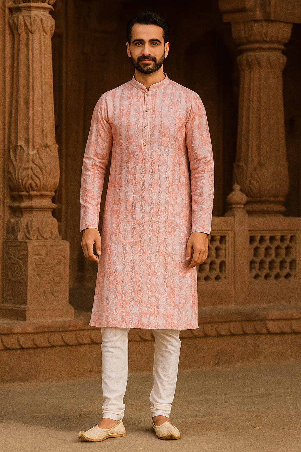 Orange Aura Cotton Rayon Kurta for Men – Jhari Work, Festive Ethnic Wear, Full Sleeves, Collared Neck