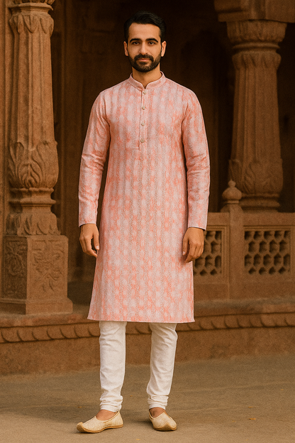 Orange Aura Cotton Rayon Kurta for Men – Jhari Work, Festive Ethnic Wear, Full Sleeves, Collared Neck