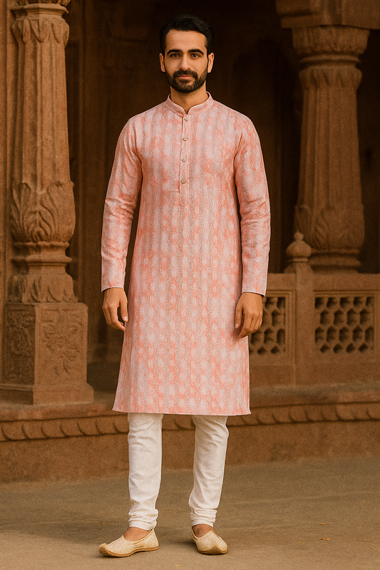 Orange Aura Cotton Rayon Kurta for Men – Jhari Work, Festive Ethnic Wear, Full Sleeves, Collared Neck
