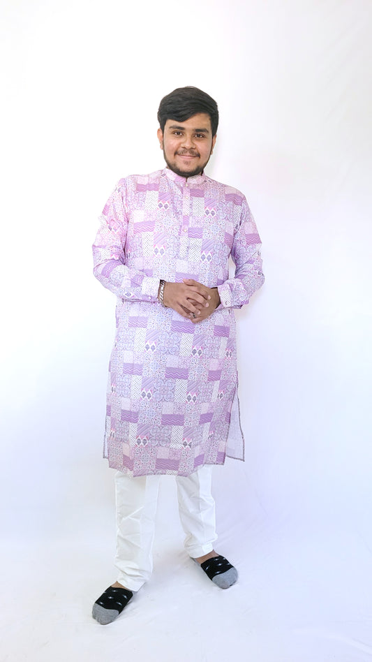 Full front view of lavender cotton kurta with digital patchwork print – modern ethnic wear for festive events