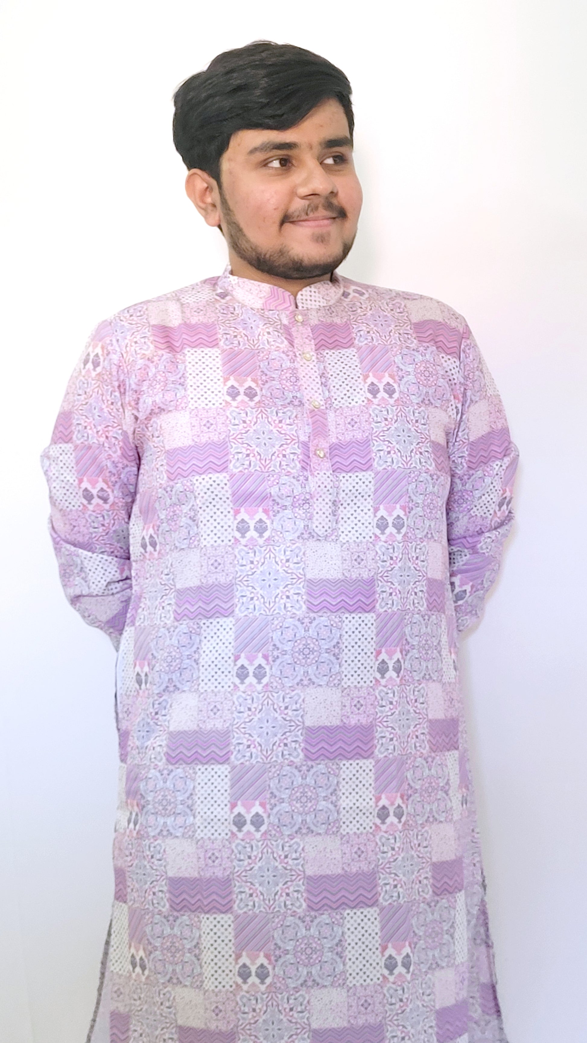 Right half-body view of lavender patchwork kurta – breathable cotton outfit with fusion digital print for men