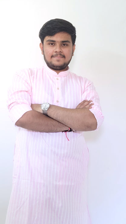 Front half-body shot of pink striped cotton kurta – soft and stylish Indian menswear with classic mandarin collar