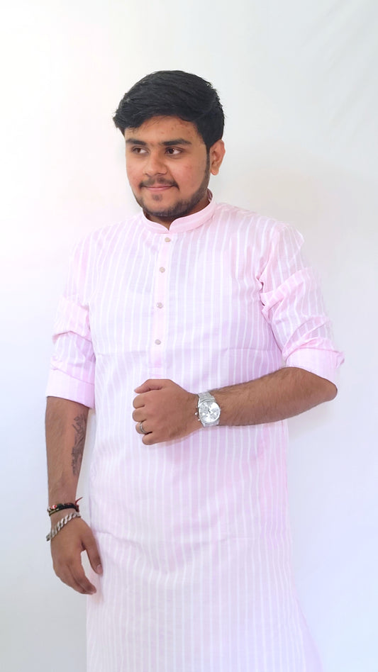 Right half-body view of light pink cotton kurta with white stripes – breathable ethnic wear for festive or semi-formal occasions