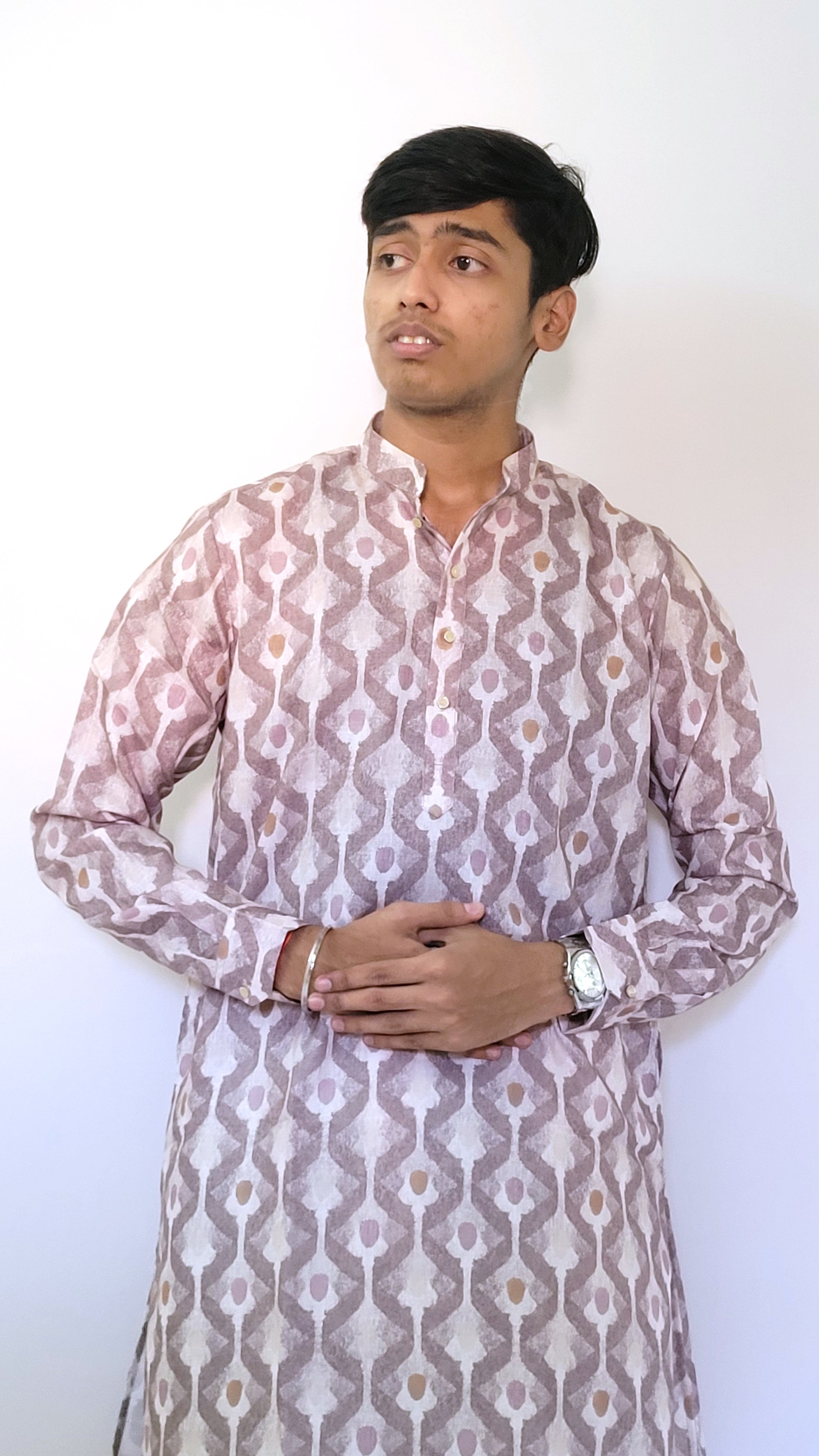 Right half-body view of men’s mauve and beige cotton kurta – soft festive wear with contemporary ethnic print