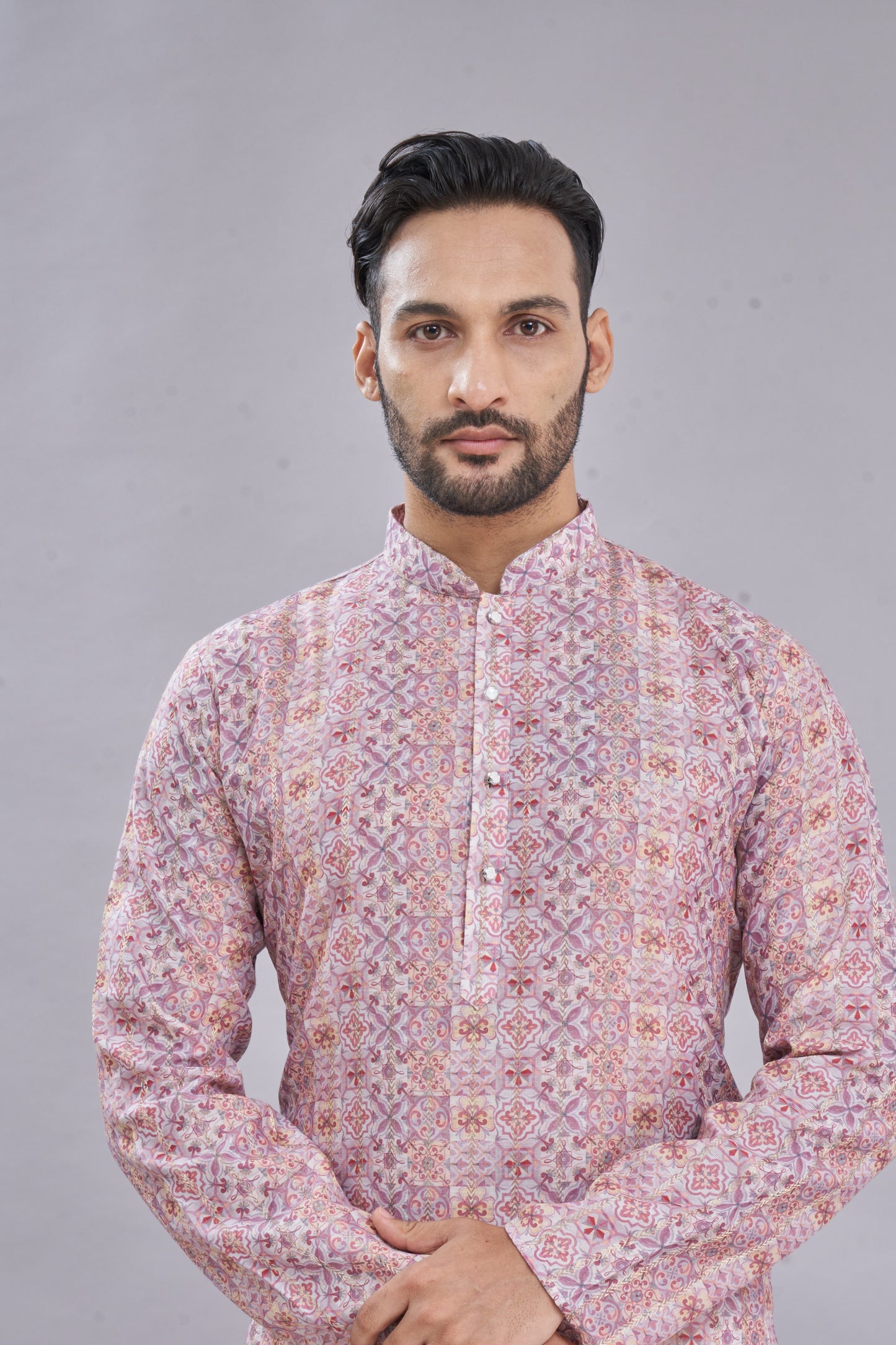 Slim-fit pastel pink kurta side profile – wedding outfit for men