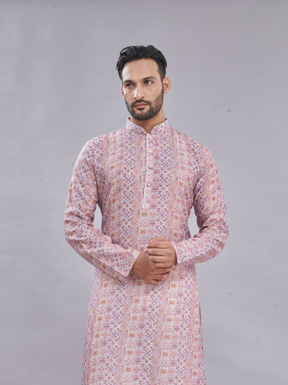 Pastel pink printed kurta front view – men’s ethnic wear