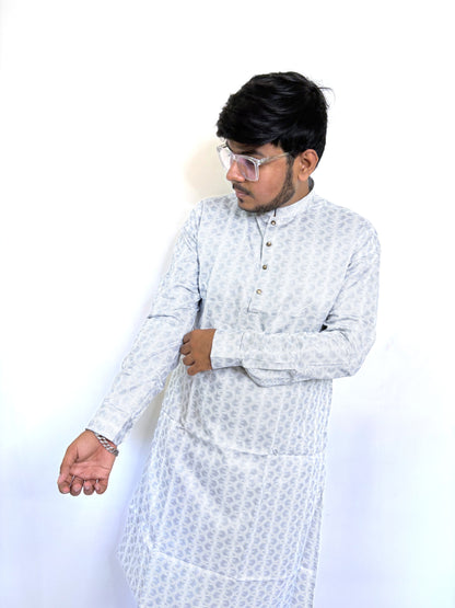 Close-up of digital geometric pattern and bronze buttons on monochrome kurta – breathable cotton fabric