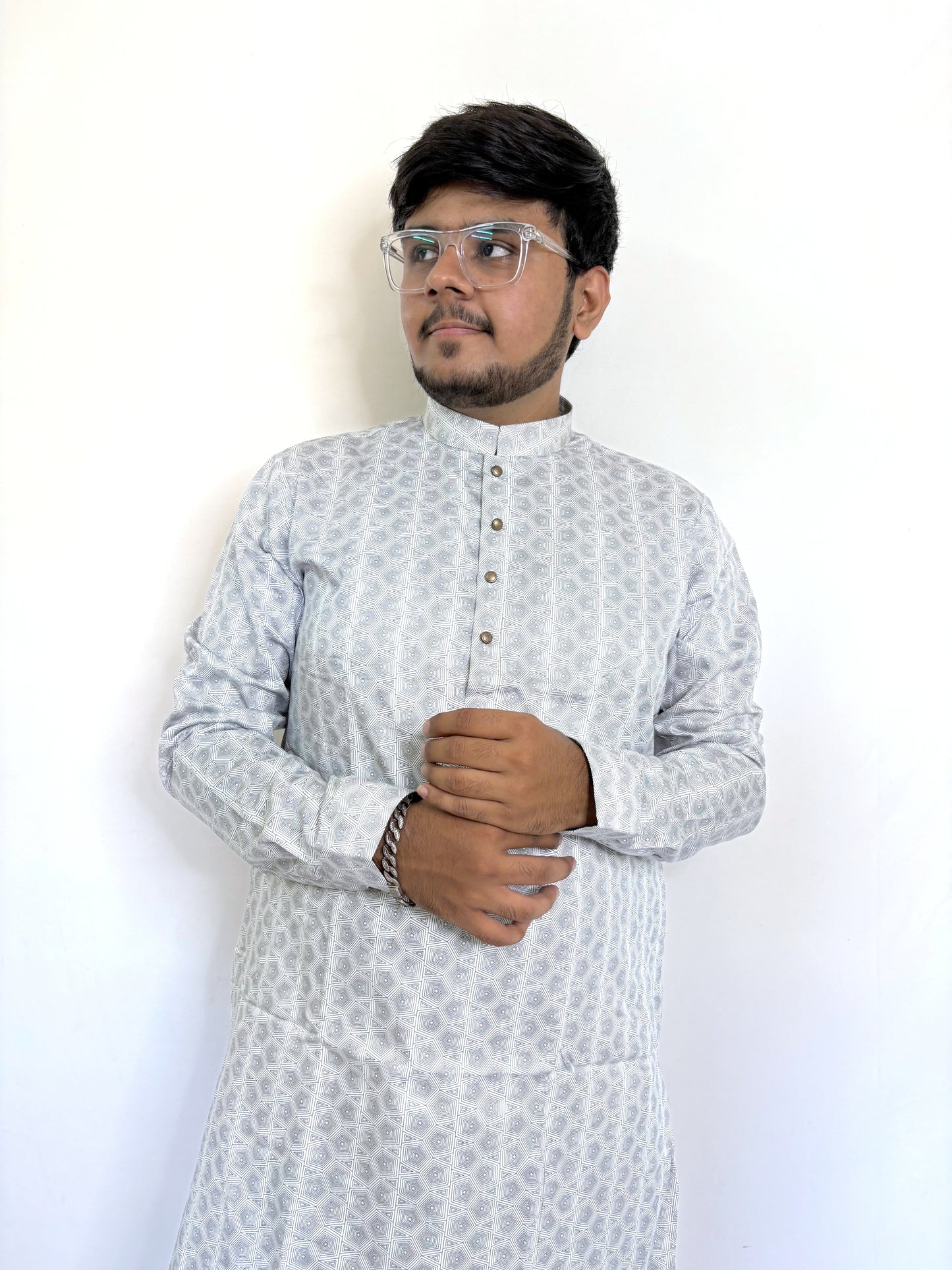 Black and white digital geometric kurta for men – modern ethnic wear in pure cotton