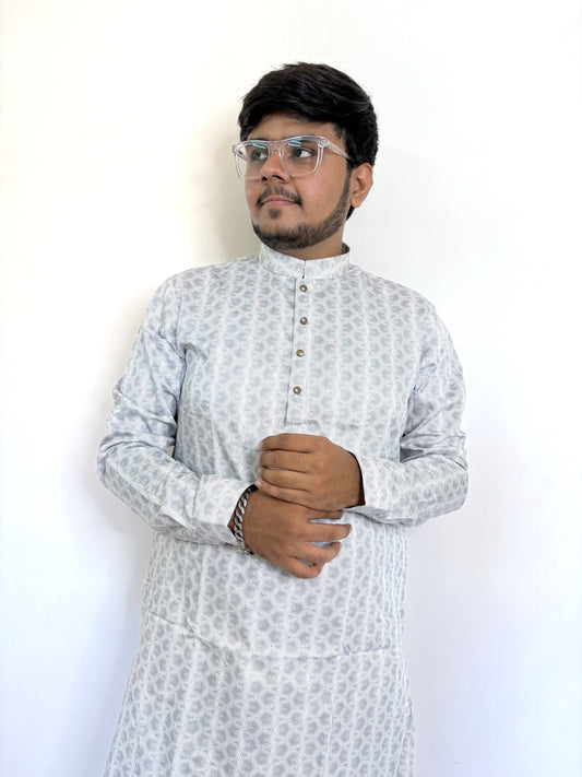 Black and white digital geometric kurta for men – modern ethnic wear in pure cotton