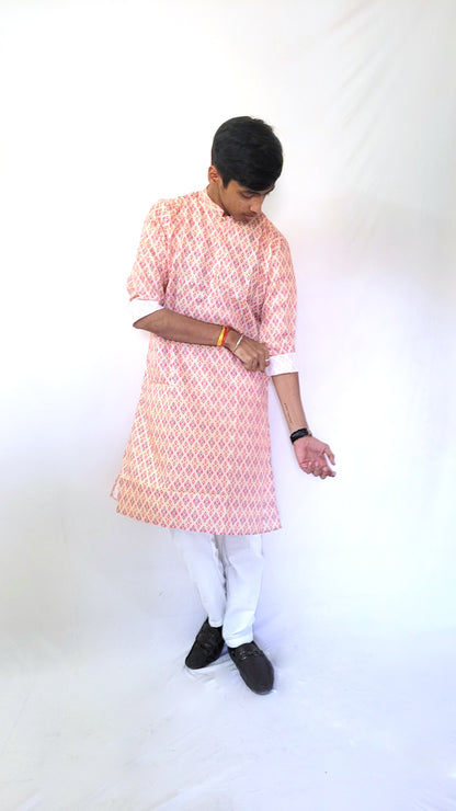 Full-body front view of multicolor diamond print cotton kurta – vibrant men’s festive wear with breathable fabric