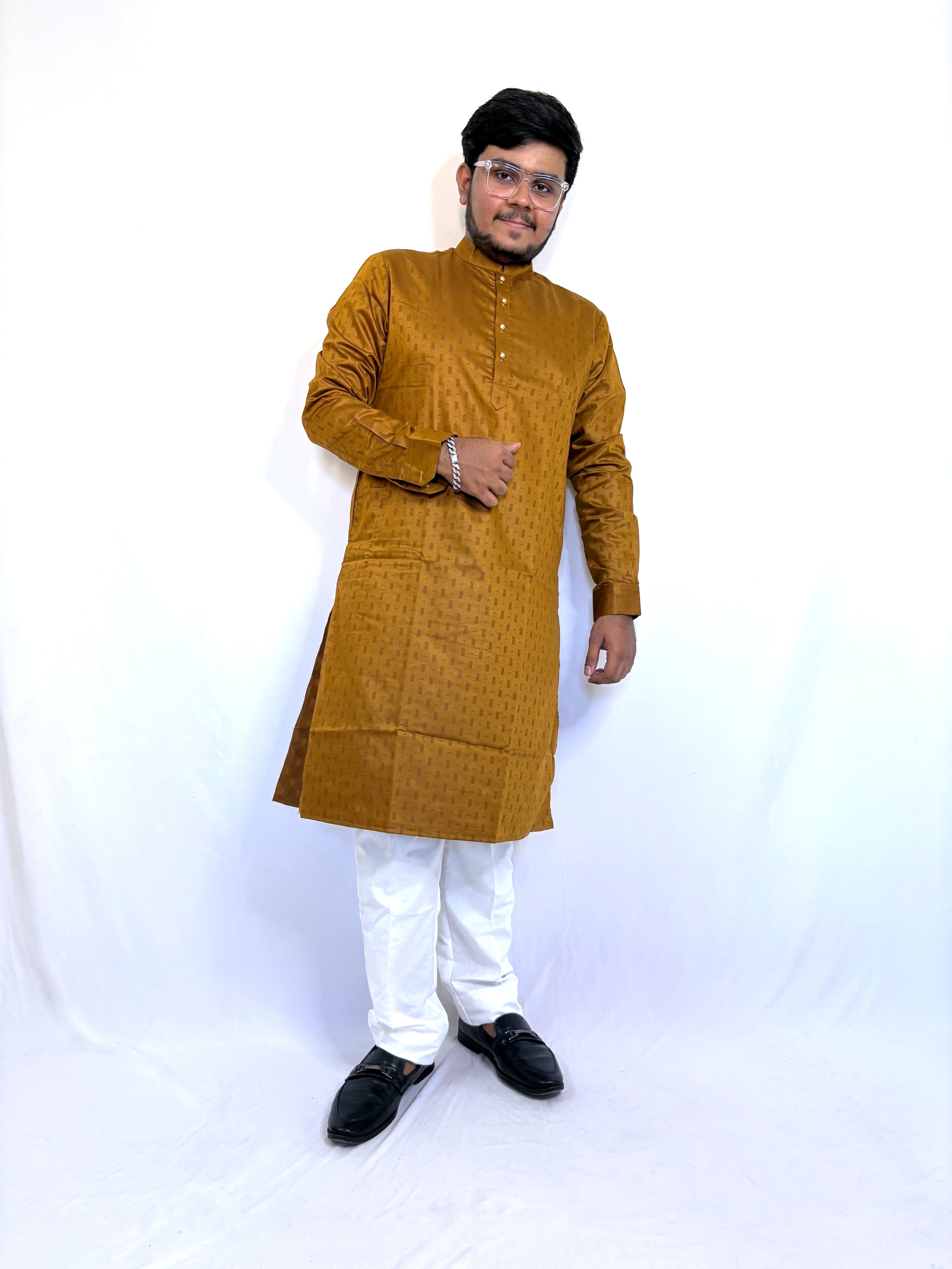 Front profile of mustard cotton kurta with woven pattern and mandarin collar – ethnic outfit for men