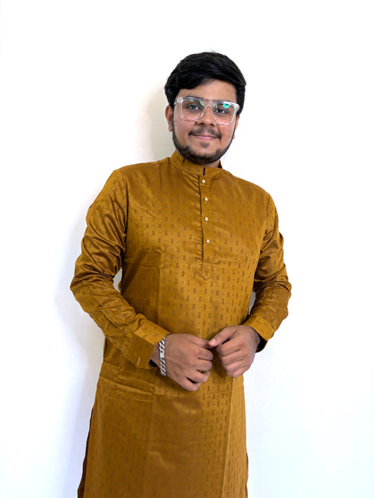Mustard yellow self-woven kurta for men – pure cotton festive ethnic wear